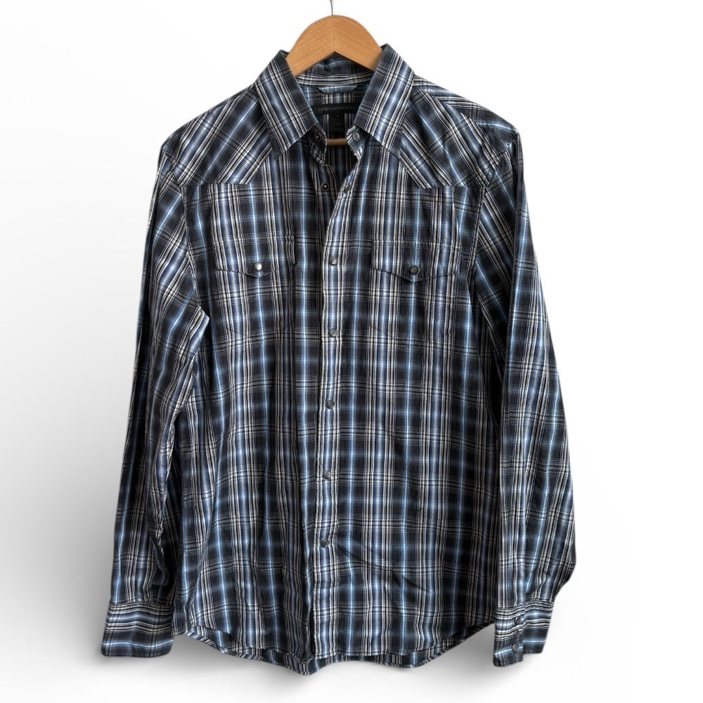 Express Design Studio Men’s Blue Plaid Western Snap Button Shirt Medium